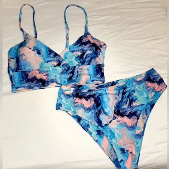 136. Multicolored Marble Print Two-Piece Swimsuit — SHEIN (Size XL, Never Worn) - Picture 3 of 3